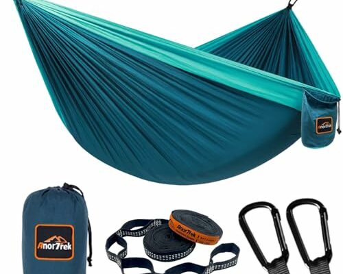 AnorTrek Camping Hammock, Super Lightweight Portable Parachute Hammock with Two Tree Straps Single or Double Nylon Travel Tree Hammocks for Camping Backpacking Hiking, Blue&dark Blue