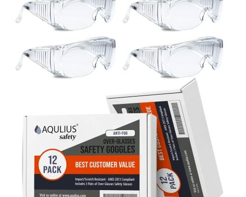 Aqulius 12 Bulk Pack Safety Glasses Over Eyeglasses (Anti-Fog & Scratch Resistant) Crystal Clear Eye Protection - OTG Safety Goggles