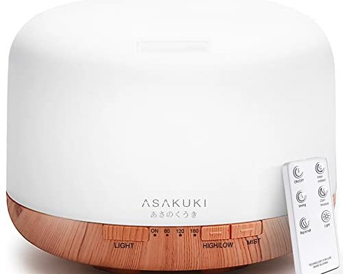 ASAKUKI 500ml Premium, Essential Oil Diffuser with Remote Control, 5 in 1 Ultrasonic Aromatherapy Fragrant Oil Humidifier Vaporizer, Timer and Auto-Off Safety Switch Brown