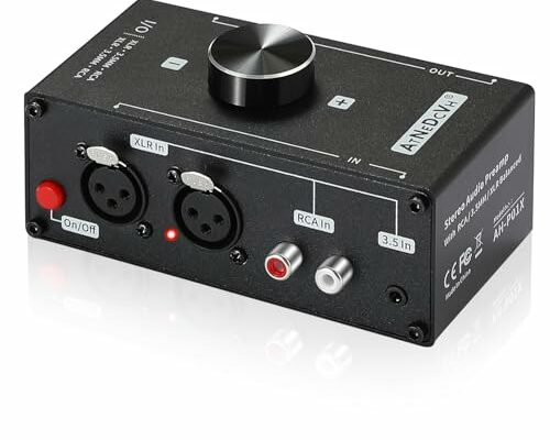 AtNeDcVh Stereo Audio Preamplifier - XLR Balanced RCA 3.5mm Input to XLR Balanced RCA 3.5mm Output Converter Adapter amp - Headphone Amplifier, Gain 20dB Phono Turntable Phonograph Preamp (Black)