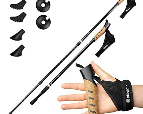 Attrac Wanderstöcke Nordic Walking Trekkingstöcke Classic Aluminium Stöcke mit Anti-Shock Dämpfung I Teleskop verstellbar & super leicht 69-136cm INKL. Workout und App I Wählbar mit Tragetasche