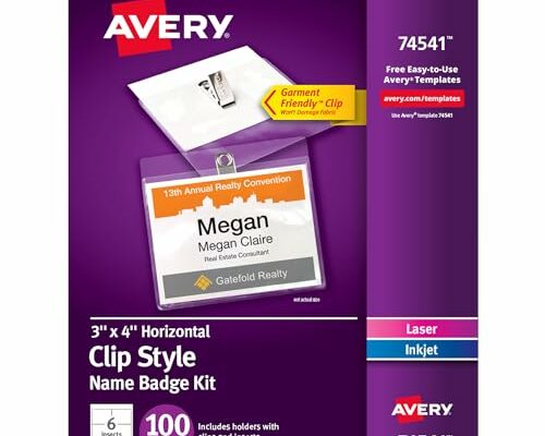 Avery Customizable Name Badges with Clips, 3" x 4", Clear Name Tag Holders with White Printable Inserts, 100 Clip Style Name Badges (74541)