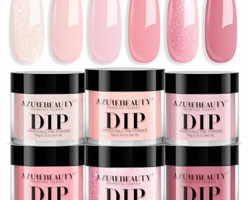 AZUREBEAUTY Pink Dip Powder Nail Set, All Season 6 Colors Nude Pink Glitter Cherry Blossom Shades Dipping Powder Nail Starter Kit French Art Manicure DIY Gifts for Women, No Need Nail Lamp Cured