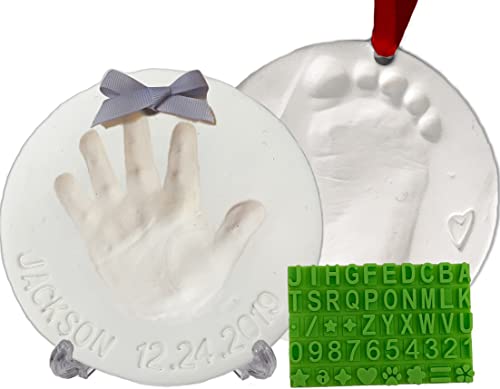 Baby Handprint Footprint Keepsake Ornament Kit (Makes 2) - Bonus Stencil for Personalized Christmas, Newborn, New Mom & Shower Gifts. 2 Easels! Non-Toxic Clay, Air-Dries Light & Soft, Won't Crack.