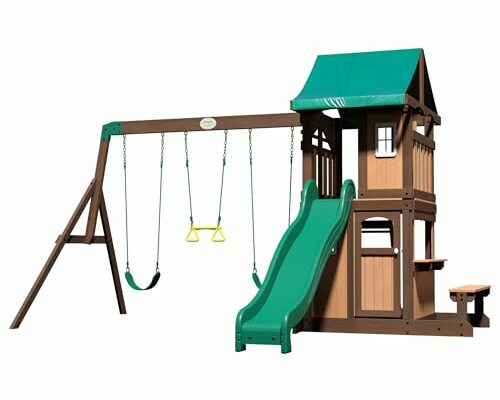 Backyard Discovery Lakewood Cedar Wood Swing Set, Covered Upper Deck with White Trim Window, Slide with Rails, Lower Fort Area with Door and Attached Bench, Swing Belts, Trapeze Bar, Stair Ladder