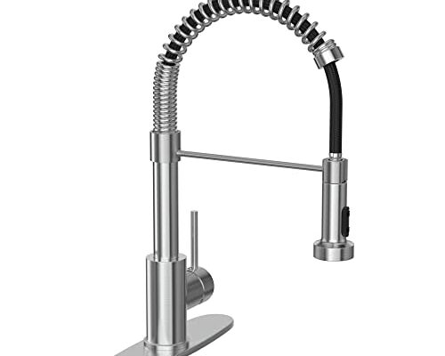 BASDEHEN Kitchen Faucets with Pull Down Sprayer, Brushed Nickel Spring Commercial Kitchen Sink Faucet Solid Brass with 10 Inch Mounting Table 1 Hole Or 3 Hole Compatible…