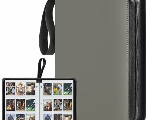 Baseball Card Binder 9 Pocket,Premium Zipper Trading Card Holder with Card Sleeves,Collectible Card Folder Fits 900 Cards and 50 Removable Trading Card Sleeves(gray, 900Pocket)