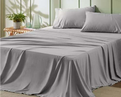 Bedsure Queen Sheet Set - Soft Sheets for Queen Size Bed, 4 Pieces Hotel Luxury Grey Queen Sheets, Easy Care Polyester Microfiber Cooling Bed Sheet Set