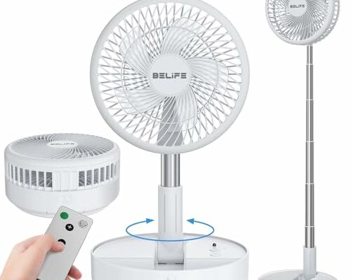 Belife X8 Portable Fan, Cordless 7200mAh Battery Operated Oscillating Fan, USB Rechargeable Desk Floor Fan with Remote, Foldable Telescopic Fan for Home Bedroom Sleeping Office Camping Travel (White)