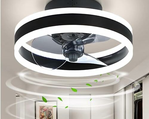 Bella Depot 15.7" Low Profile Ceiling Fans with Lights and Remote, Fandelier Ceiling LED Fan Flush Mount, Brushed Black Dimmable Bladeless Ceiling Fans for Bedroom Living Room(Classic Black)