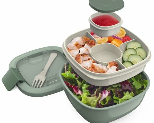 Bentgo® All-in-One Salad Container - Large Salad Bowl, Bento Box Tray, Leak-Proof Sauce Container, Airtight Lid, & Fork for Healthy Adult Lunches; BPA-Free & Dishwasher/Microwave Safe (Khaki Green)