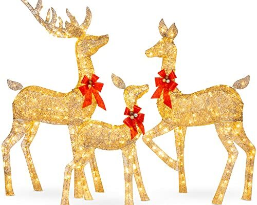 Best Choice Products 3-Piece Large Lighted Christmas Deer Family Set 5Ft Outdoor Yard Decoration with 360 LED Lights, Stakes, Zip Ties - Gold