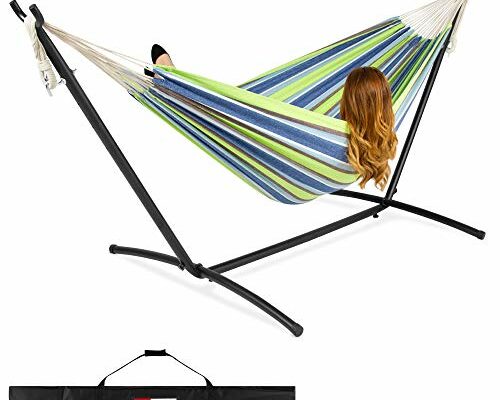 Best Choice Products Double Hammock with Steel Stand, Indoor Outdoor Brazilian-Style Cotton Bed w/Carrying Bag, 2-Person Capacity - Blue/Green Stripes