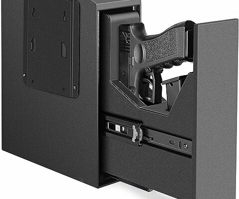 Biometric Slider Handgun Gun Safe for Nightstand, Desk, Bed Side,Truck - Auto Sliding Door Hand Gun Safe for Pistol -with Fingerprint, PIN Code, KEY Access