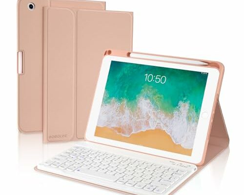 BOBOLEE Keyboard Case for iPad 9.7 inch 6th 2018, 5th Gen. 2017, Air 2 2014 Released, Wireless Detachable Keyboard, Thin Slim Folio Cover Shell with Pen Holder, Auto Sleep Wake, RG