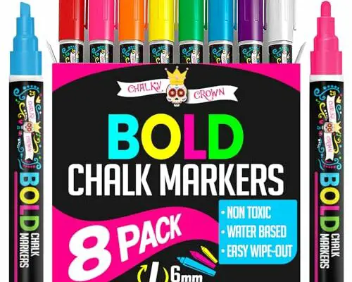 Bold Liquid Chalk Markers - Dry Erase Marker Pens for Chalkboards, Signs, Windows, Blackboard, Glass, Mirrors - Chalkboard Markers with Reversible Tip (8 Pack) - (Multicolored, 6mm)