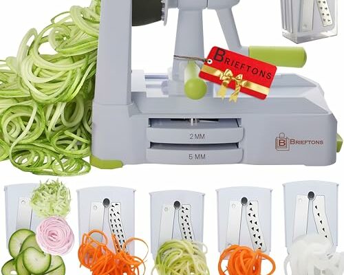 Brieftons 5-Blade Vegetable Spiralizer: Strongest-Heaviest Spiral Slicer, Best Veggie Pasta Spaghetti Maker for Low Carb/Paleo/Gluten-Free/Vegan Meals, With Extra Blade Caddy, 4 Recipe Ebooks