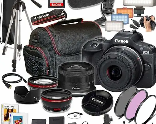 Canon EOS R100 24.2MP APS-C CMOS Sensor Mirrorless Camera with 18-45mm Lens, 128GB Extreme Speed Memory, Video Light, Microphone, Grip, Filters, Lenses, Case, Software, More (Premium Bundle) (Renewed)