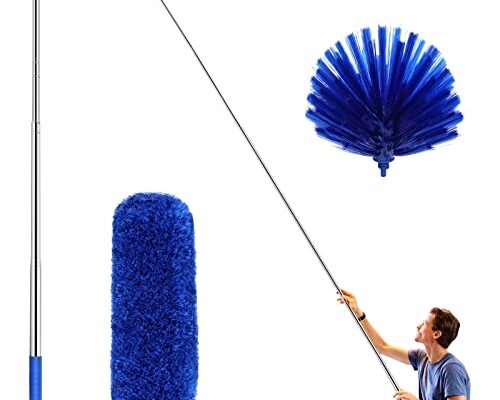 Ceiling Fan Duster with Extension Pole, Cobweb & Corner Brush Cleaning Kit w 2 Duster Heads for Cleaning,15-100 Inch Long Handle Aluminum Telescoping Pole, Washable（Blue）