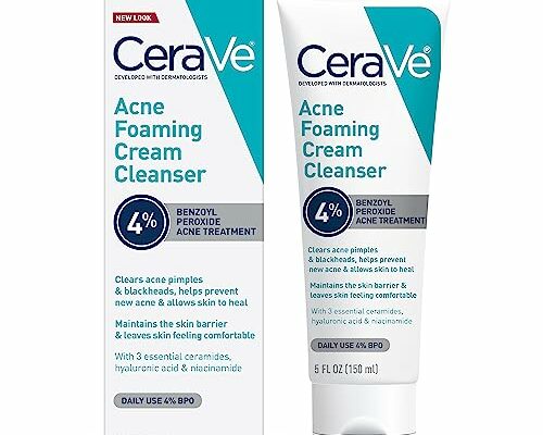 CeraVe Acne Foaming Cream Cleanser | Acne Treatment Face Wash with 4% Benzoyl Peroxide, Hyaluronic Acid, and Niacinamide | Cream to Foam Formula | Fragrance Free & Non Comedogenic | 5 Oz