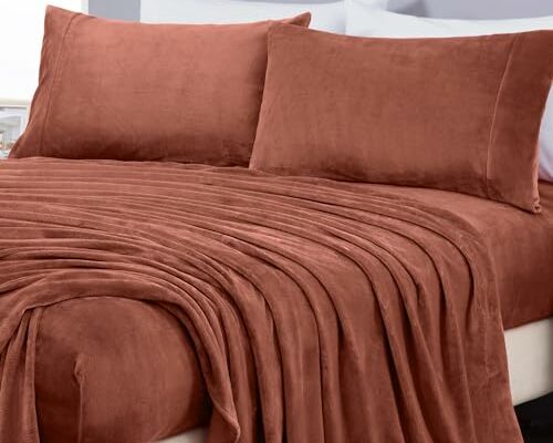 Chezmoi Collection Extra Soft Fleece Sheet Set Queen, Microplush Non-Pilling Velvety Bed Sheet, Deep Pocket - Lightweight All Season Warmth, Queen, Terracotta