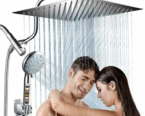 Cobbe 12 Inch All Metal 3-Way Rain Shower Head, High Pressure Shower Head, Dual Shower Heads with Handheld Spray Combo - Upgrade Extension Arm Height Adjustable - 9 Spray Filtered Shower Head, Chrome