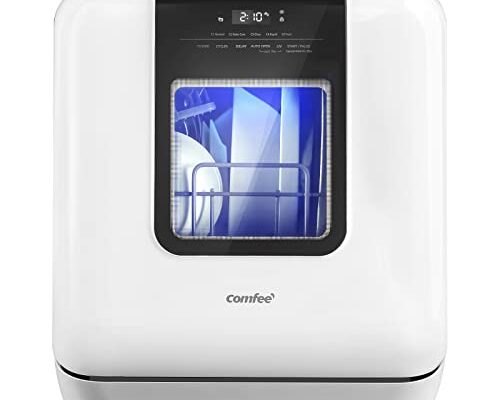 COMFEE' Countertop Dishwasher, Portable Dishwasher with 6L Built-in Water Tank, Mini Dishwasher with More Space Inside, 7 Programs, UV Hygiene& Auto Door Open, for Apartments, Dorms& RVs, White