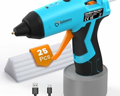 Cordless Hot Glue Gun, GoGonova 15s Fast Preheating 5Ah Built-in Battery Hot Melt Glue Gun, Smart Power-Off, Kit with 25 Pcs Premium Mini Glue Sticks and USB-C Charging Port