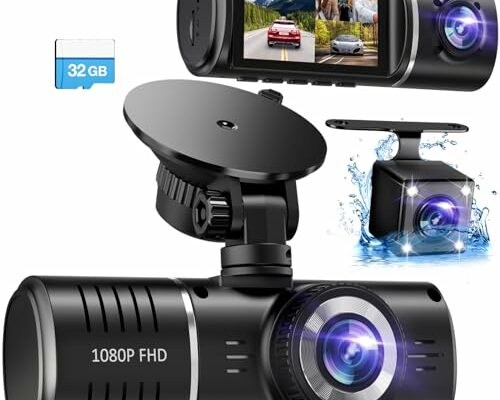 Dash Cam, 3 Channel Dash Cam, 1080P Dash Cam Front and Inside, Triple Dash Cam, Dash Camera with 32GB Card, HDR, G-Sensor, 24Hr Parking, Front Rear Dash Cam Loop Recording