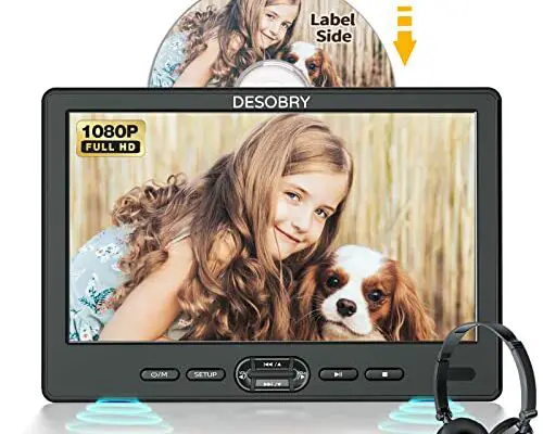 DESOBRY 10.5" Car DVD Player with Headrest Mount, Portable DVD Player for Car with Headphone, Suction-Type Disc in,Support 1080P Video,HDMI Input,USB/SD Card Reader,AV in/Out,Last Memory&Region Free