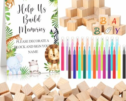 Dinifee 125 Pcs Baby Shower Decorate a Block Game Set Includes Help Us Build Memories Sign 100 DIY Blank Wooden Block 24 Paint Marker Baby Shower Prize for Wedding Baby Shower Game (Jungle)