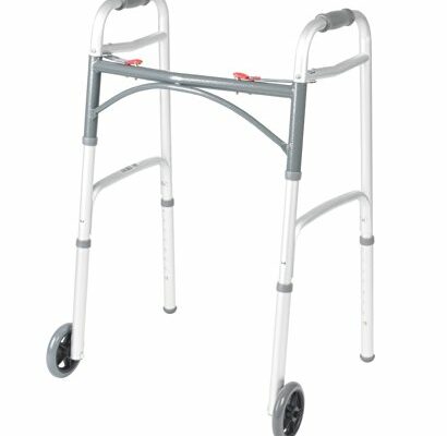 Drive Medical 10210-1 2-Button Folding Walker with Wheels, Rolling Walker, Front Wheel Walker, Lightweight Walkers for Seniors and Adults Weighing Up To 350 Pounds, Adjustable Height, Silver