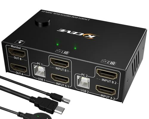 Dual Monitor KVM Switch HDMI 2 Port 4K@60Hz,MLEEDA USB HDMI Extended Display Switcher for 2 computers Share 2 Monitors and 4 USB 2.0 Hub,Desktop Controller and USB HDMI Cables Included