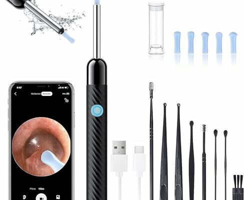 Ear Wax Removal - Earwax Remover Tool with 8 Pcs Ear Set - Ear Cleaner with Camera - Earwax Removal Kit with Light - Ear Camera with 6 Ear Spoon - Ear Cleaner for iOS & Android (Black)