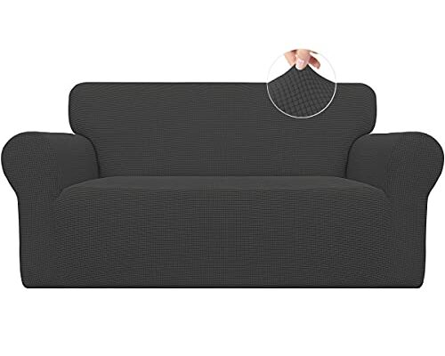 Easy-Going Stretch Loveseat Slipcover 1-Piece Sofa Cover Furniture Protector Couch Soft with Elastic Bottom for Kids Polyester Spandex Jacquard Fabric Small Checks (Loveseat, Dark Gray)