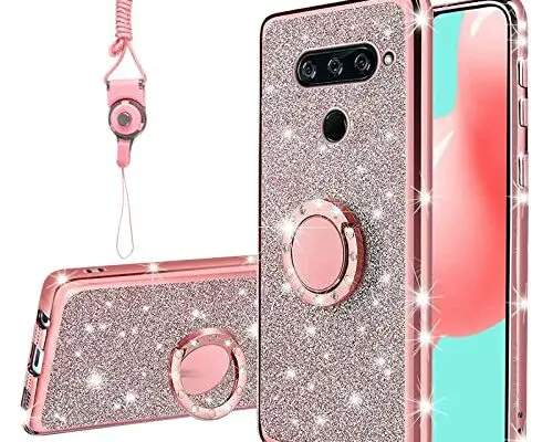 Easyscen for LG V40 ThinQ Case, for LG V40 Girls Women Glitter Case with Cute Ring Holder Kickstand Soft TPU Bumper Shockproof Drop Protection Cover for LG V40 ThinQ - Sparkly Pink