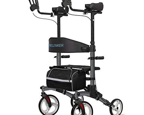 ELENKER Upright Walker, Stand Up Folding Rollator Walker with 10” Front Wheels Backrest Seat and Padded Armrest for Seniors(Carbon Fiber Black)