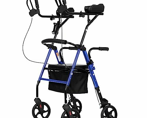 ELENKER Upright Walker, Stand Up Rollator Walker with Padded Seat and Backrest, Lightweight, Compact Folding, Fully Adjustment Frame for Seniors, Blue