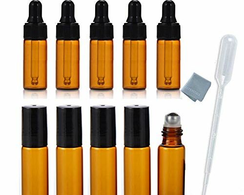 Elfenstall 10pcs 5ml 1/6oz Amber Mini Glass Bottle Amber Sample Vial Small Essential Oil Bottle with Glass Eye Dropper + Roller on Perfume bottle 1pc Clean Cloth + 1pc 3ml dropper