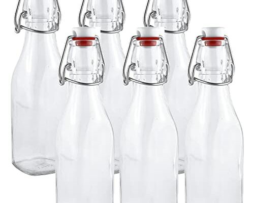 Estilo Swing Top Easy Cap Clear Glass Bottles with Caps, Round, 8.5 oz, Set of 6 - Standard Size, Flip Top Glass Bottles to Store Home Brews, Oils, Vinaigrettes, Wines, Beer, Teas - Syrup Bottles