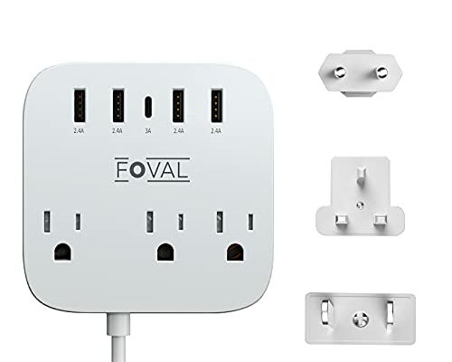 European Travel Plug Adapter, FOVAL EU UK US Power Strip with USB C and 4 USB Ports, 3 AC Outlets, Wall Mountable, 5ft Extension Cord, Compact for Travel, Cruise Ship, Home Office