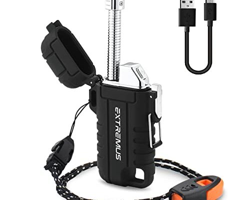 Extremus Blaze 360 Rechargeable Electric Lighters, Dual Arc Lighter, Windproof Plasma Lighter, Waterproof Lighter, Flameless Lighter with Whistle Lanyard for Camping (Black Flex)