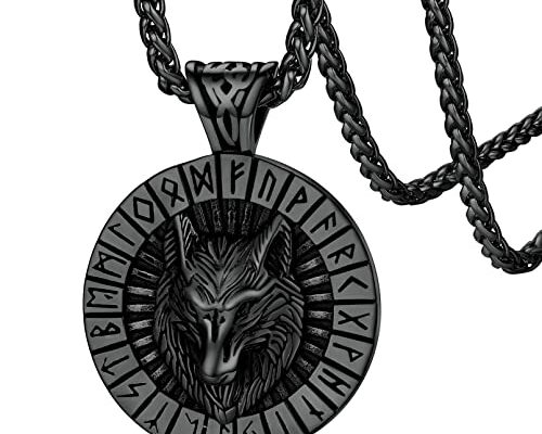 FaithHeart Black Wolf Necklace Viking Fenrir Pendant Necklaces for Men Punk Jewelry with Norse Rune