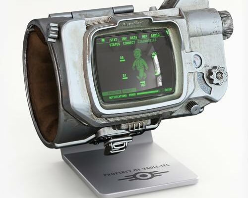 Fallout Pip-Boy: Life Size Wearable Cosplay Die-cast Replica-Memory Foam Cuff features LCD Screen w 45 Animations, FM Radio, Alarm Clock, & Stand-Officially Licensed Gift Collectible By Amazon Studios