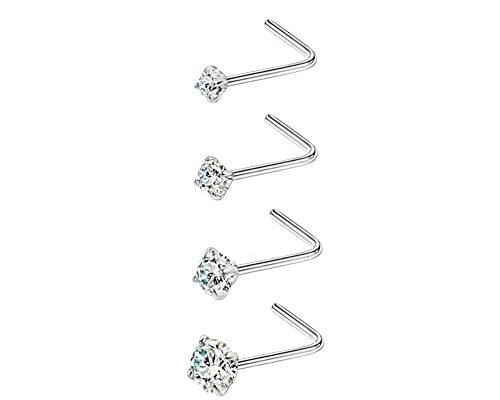 FANSING 4pcs 22g Nose Rings Studs 1.5mm 2mm 2.5mm 3mm CZ Diamond Nose Studs Cubic Zirconia Nose Stud Silver L Shaped Nose Studs for Women Nostril Piercing Jewelry 22 Gauge