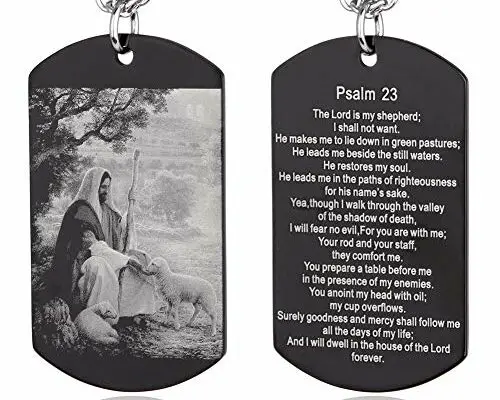 FAYERXL 23rd Psalm Black Dog Tag Necklace,Catholic Christian Holy Bible Verse Scripture Baptism Religious Communion Confirmation Rite Gift (Psalm 23-The Lord is my shepherd)