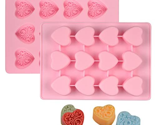 Fimary Heart-Shaped Chocolate Molds Silicone - Set of 2 Non-Stick Candy Heart Molds Silicone, Food Grade Silicone Heart Molds for Baking, Candy, Gummy, Jelly - Pink