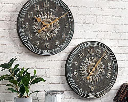 FirsTime & Co. Verdigris Calisto Sunflower Outdoor Wall Clock and Thermometer 2-Piece Set, Round, Waterproof Wall Clock for Patio, Home, Plastic, 16 x 1.12 x 16 inches