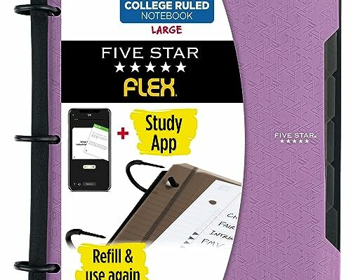 Five Star Flex Refillable Notebook + Study App, College Ruled Paper, 1 Inch TechLock Rings, Pockets, Tabs and Dividers, 200 Sheet Capacity, Purple (29328AB6)