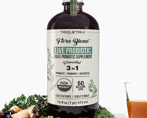 Flora Biome - Live Probiotic, Prebiotic & Postbiotic – Organic Live-Culture – 10 Probiotic Strains, 19 Fermented Herbs, 50 Billion CFU - Complete Gut Health & Microbiome Optimizer (16 oz)